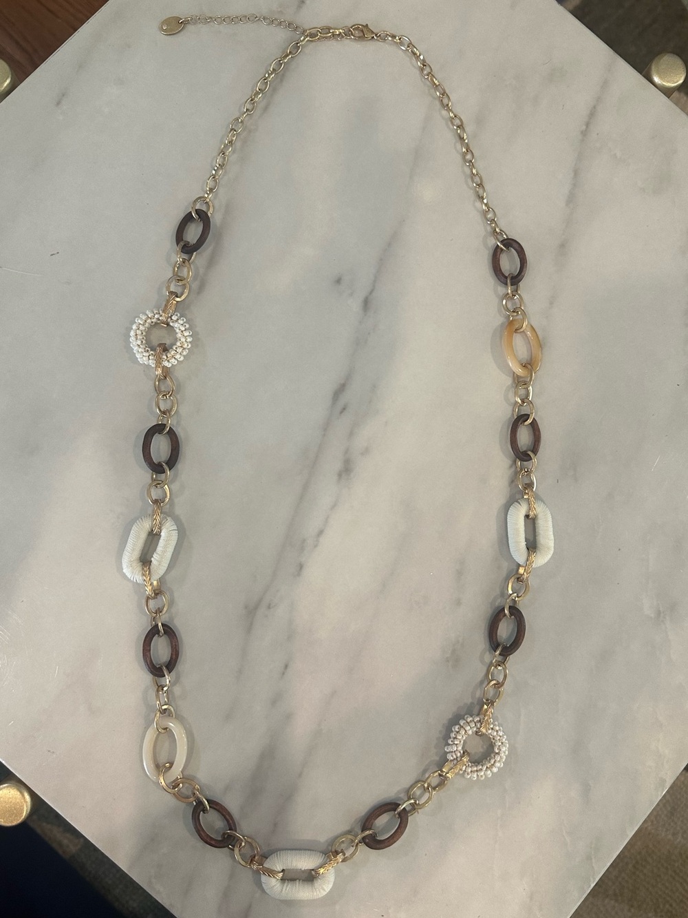 Gold-Tone Mixed Link Necklace with Cream and Brown Accents